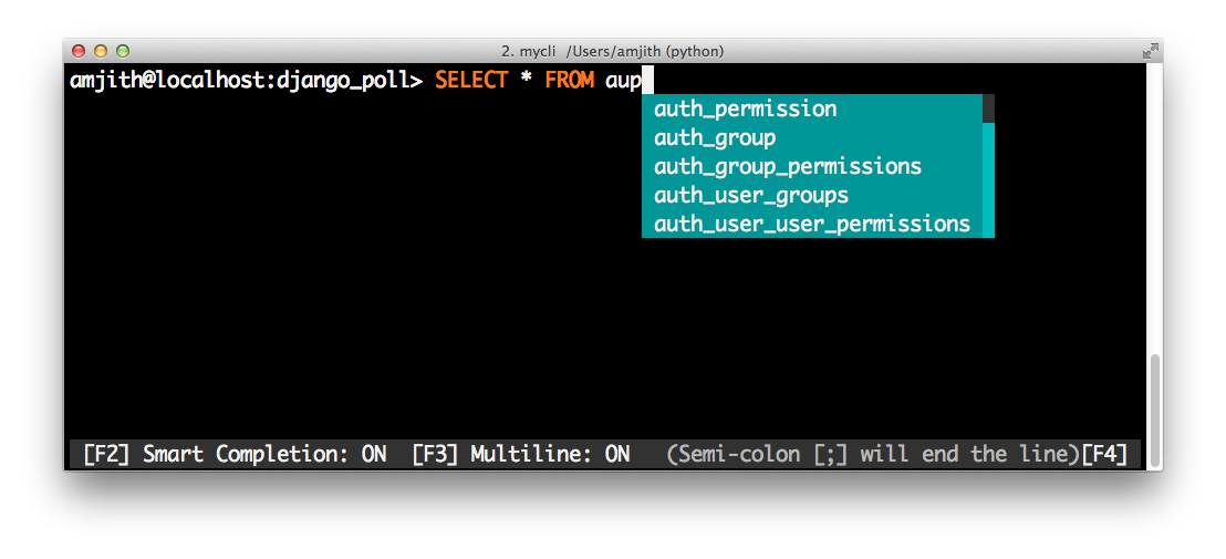 Screenshot of pgcli auto-completion with fuzzy matching in 'select * from aup‸' that proposes 'auth_permission', 'auth_group', etc.