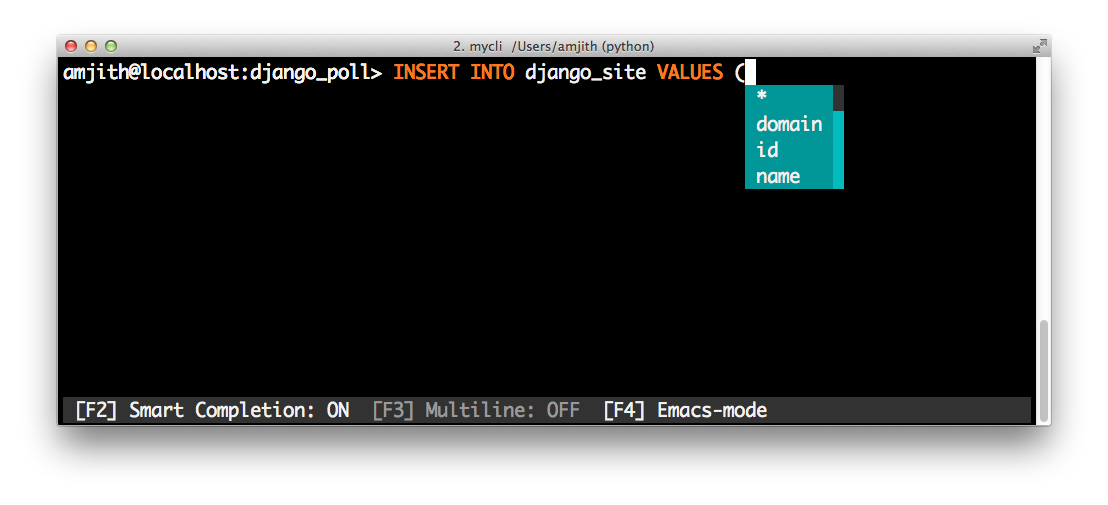 Screenshot of pgcli auto-completion in 'insert into django_site values (‸'
