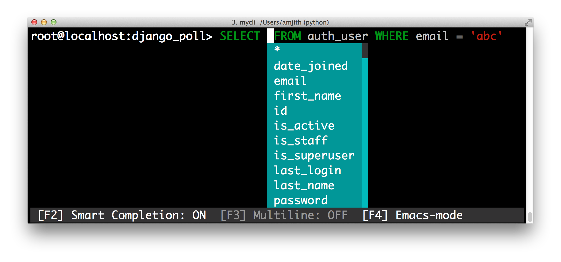 screenshot of pgcli with the default color theme