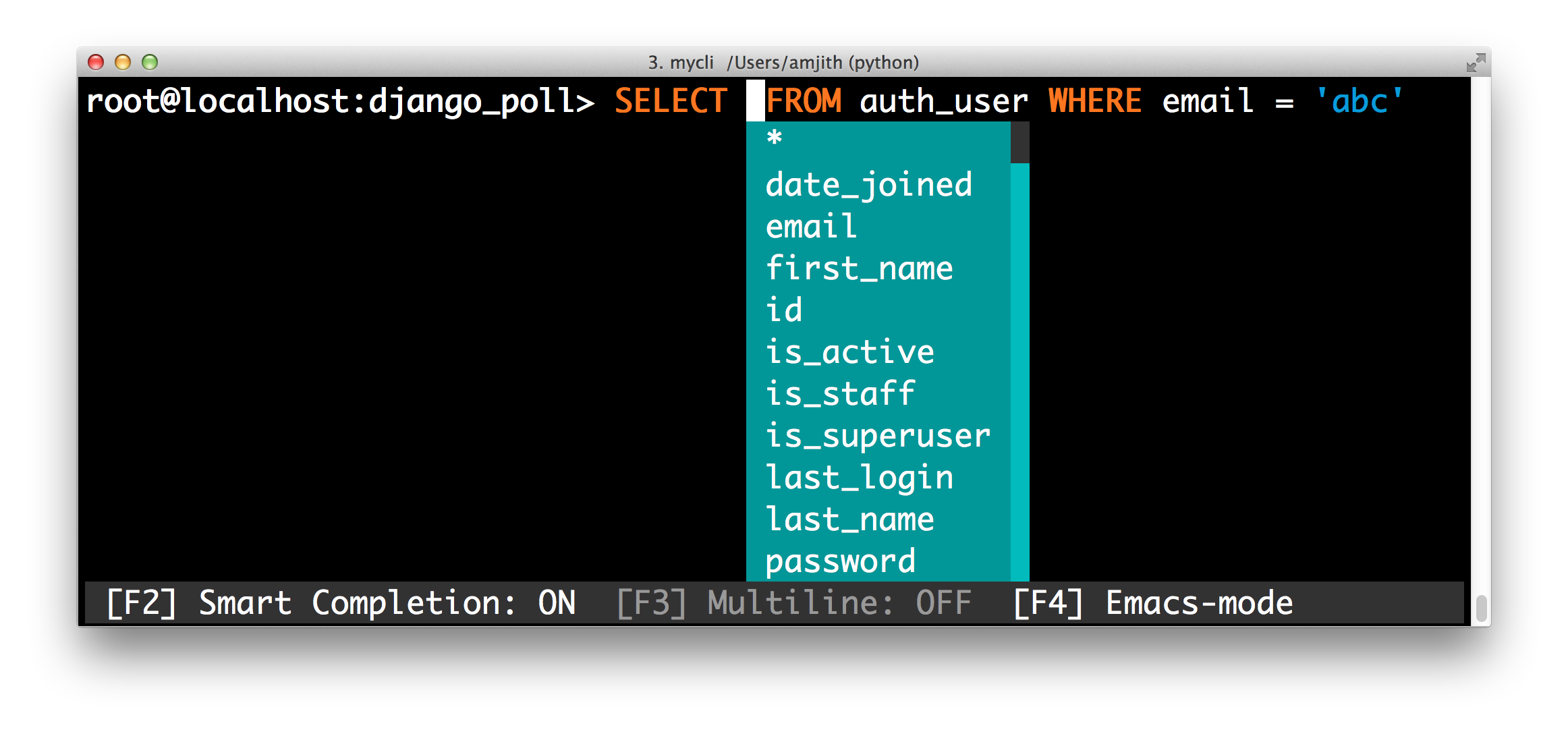 screenshot of pgcli with the 'fruity' color theme