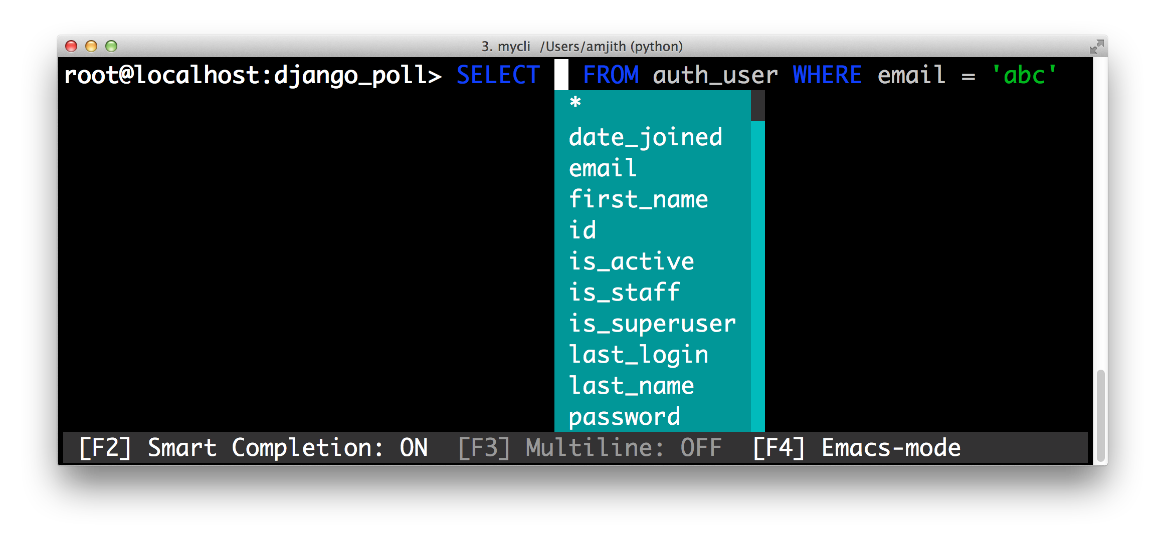 screenshot of pgcli with the 'igor' color theme