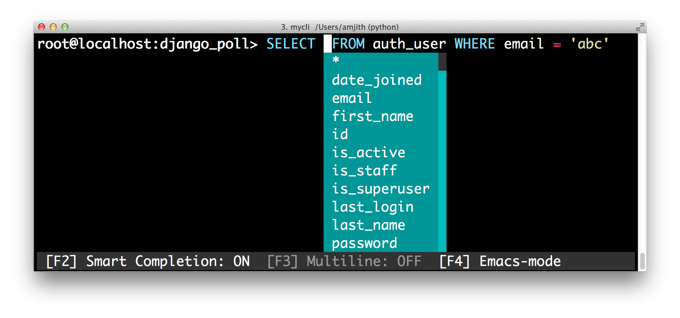 screenshot of pgcli with the 'monokai' color theme
