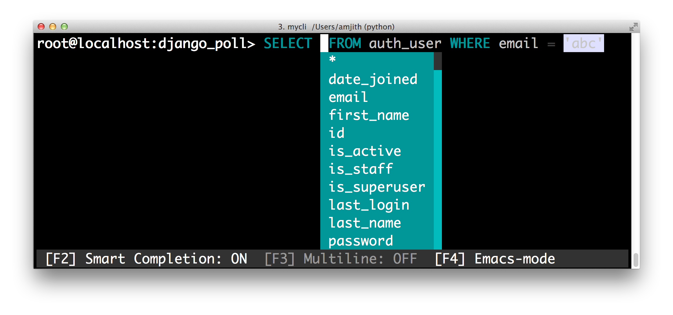 screenshot of pgcli with the 'murphy' color theme