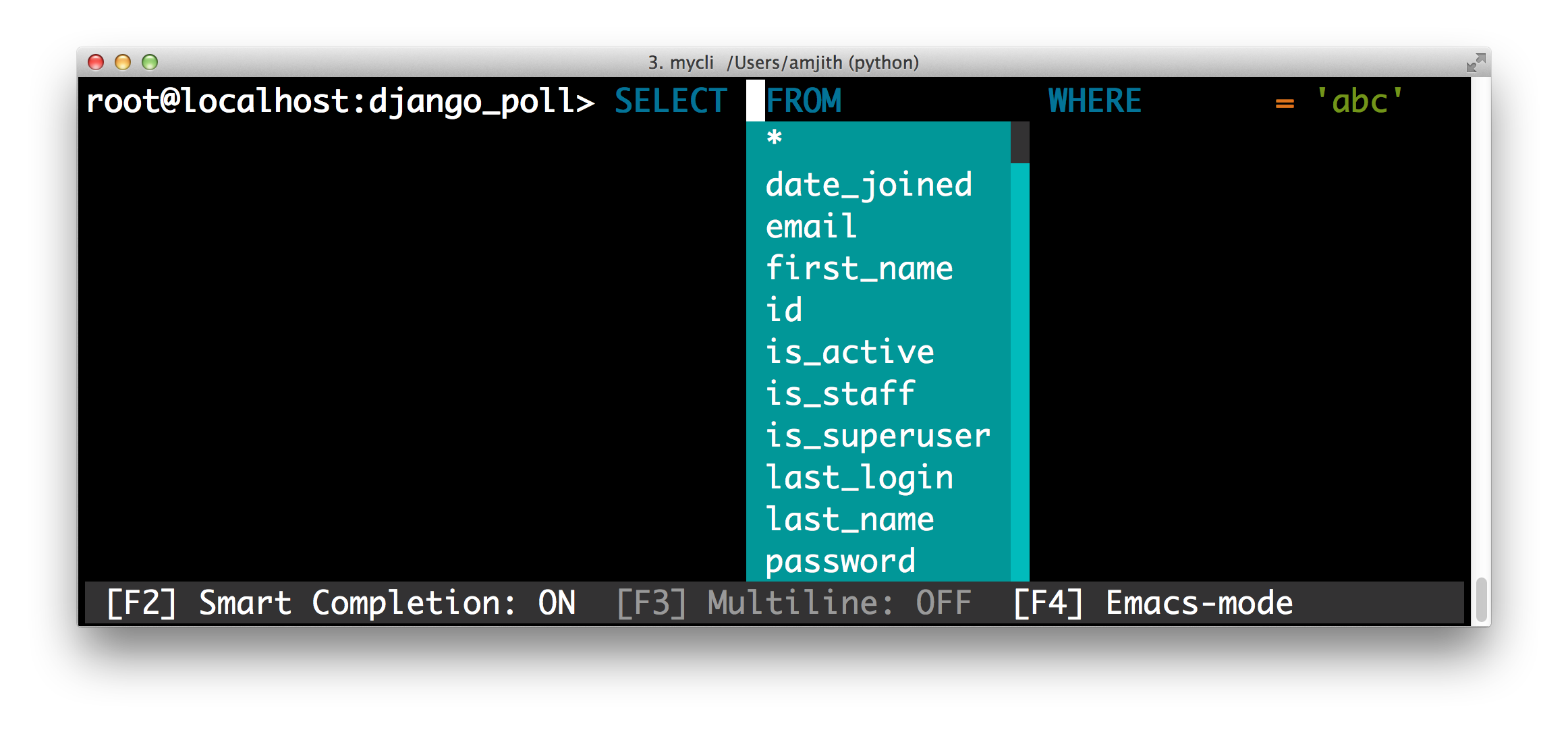 screenshot of pgcli with the 'tango' color theme