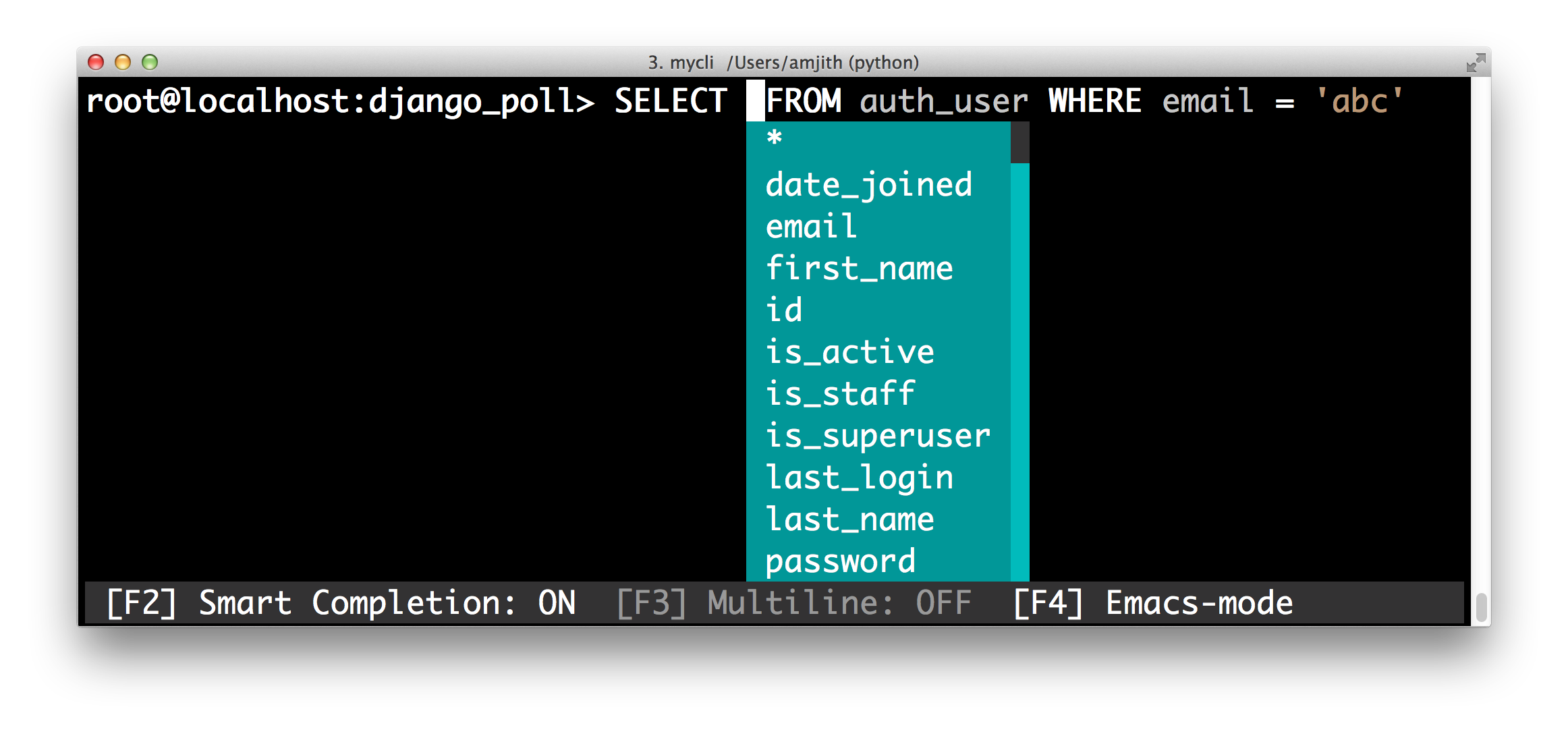 screenshot of pgcli with the 'trac' color theme